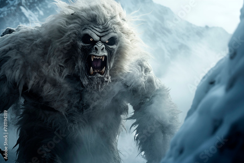 a scary yeti is in a snowy, icy mountain range © Wirestock