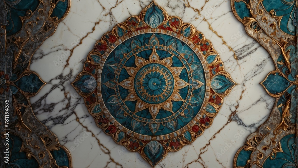 AI generated illustration of decorative ornament encircled by gold on elegant marble floor