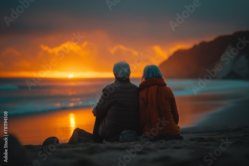 two people sit on a beach with the sun setting in the distance
