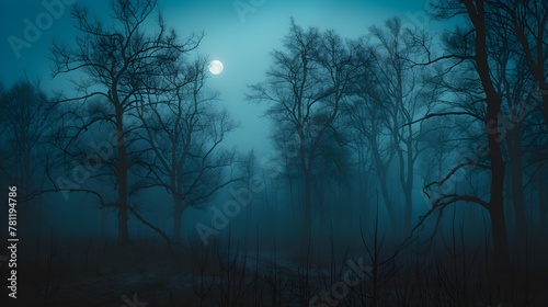 AI generated illustration of a blue moon rising over foggy trees at night
