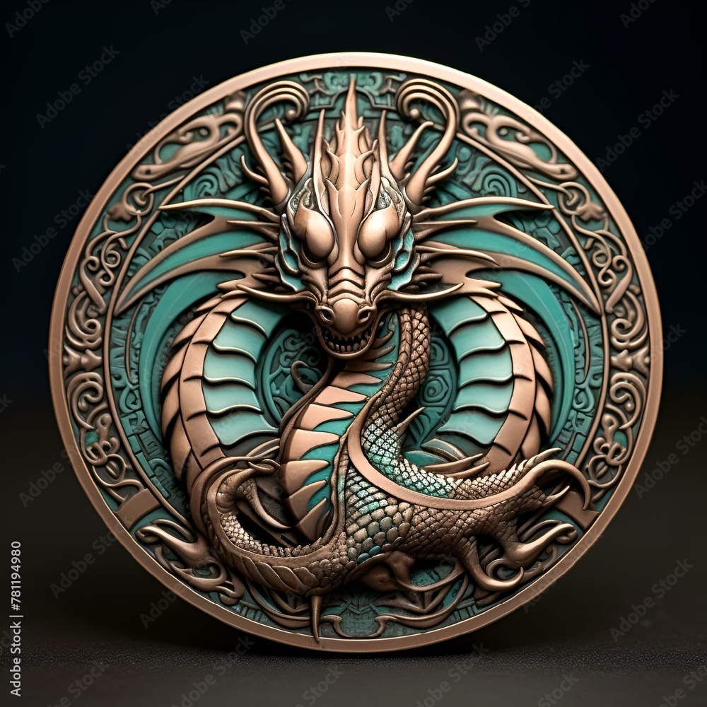 AI generated illustration of a large dragon coin with an ornate turquoise design