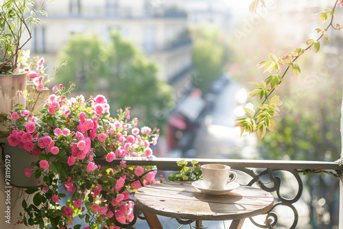 A balcony from a building in a Paris street, with a coffee mug on a table and pink flowers