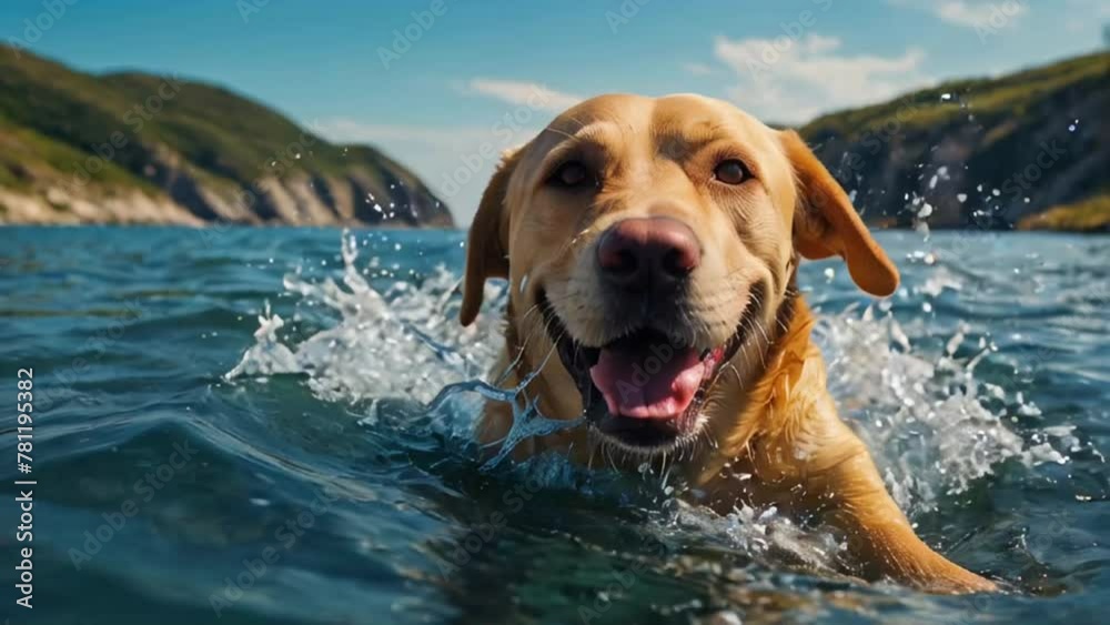 cute dog bathes in the sea, splashes, summer cute dog bathes in the sea, splashes, summer