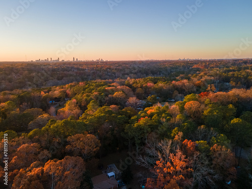 Aerial landscape of residential area with Atlanta skyline during fall in Decatur Atlanta Georgia © Andrew