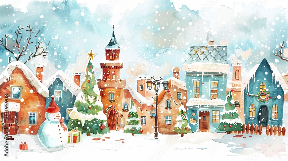 A charming watercolor painting of a snowy village adorned with Christmas decorations, featuring snow-covered cottages, a decorated tree, and a snowman.
 Watercolor Winter Village Scene with Christmas 