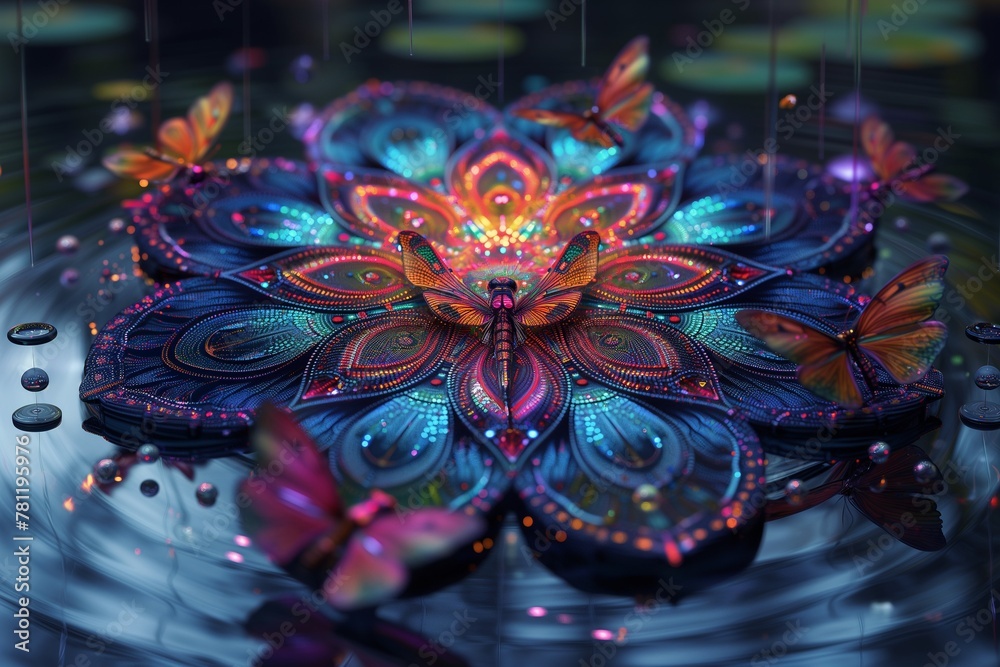 Mandala, water with a flower and lots of butterflies on it in the rain