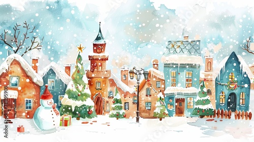 A charming watercolor painting of a snowy village adorned with Christmas decorations, featuring snow-covered cottages, a decorated tree, and a snowman.  Watercolor Winter Village Scene with Christmas  © M