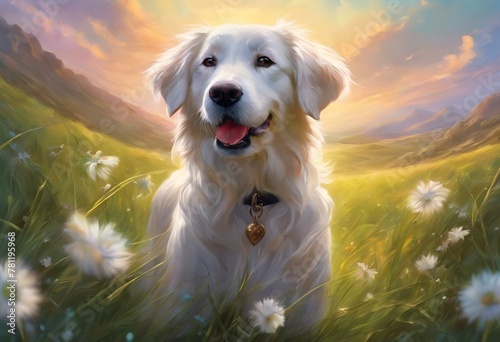 AI generated illustration of a golden retriever sitting in field