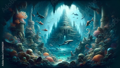 Underwater cavern teeming with multitude of fish