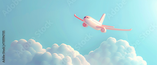 3D cartoon plane model on blue background and clouds around. Minimalistic travel banner with copy space. photo