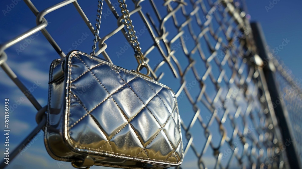 Silver Bag on Mesh Fence on Sunny Day. Generative AI
