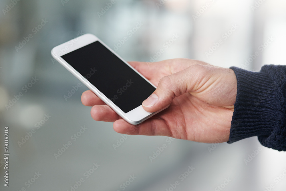 Person, hand and phone with mockup screen for advertising, marketing or app display at the office. Closeup of user touching or typing on mobile smartphone for online search, browsing or scrolling