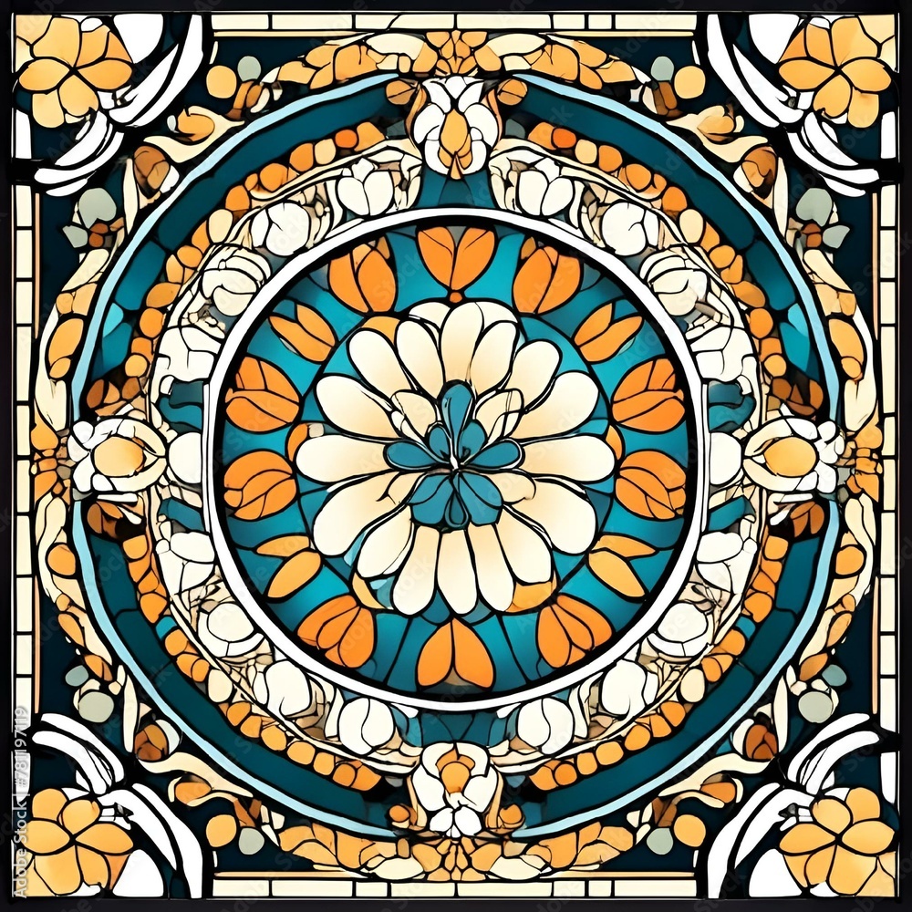 AI generated illustration of astract stained glass window with floral and foliage motifs