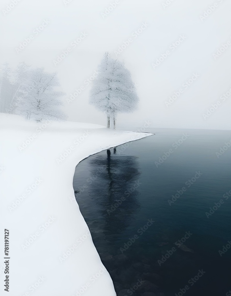 AI generated illustration of a frozen pathway amidst a snowy landscape
