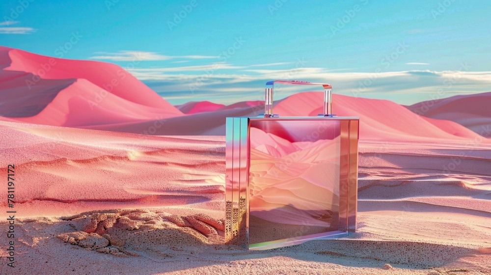 Fototapeta premium Mirrored Geometric Bag in Pink Desert. Generative AI