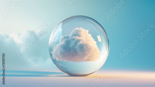 a cloud sitting in a bubble with a light blue background