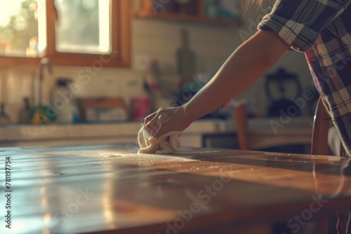 Indoor scene of an individual wiping down a wooden kitchen counter with a cloth in a sunlit home environment. Person Cleaning Kitchen Surface at Home