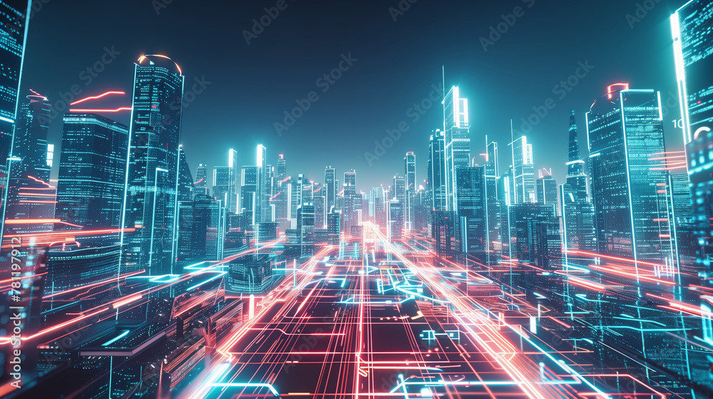 Fototapeta premium Neon Cityscape with Dynamic Light Trails, Cyberpunk Urban Skyline at Night
