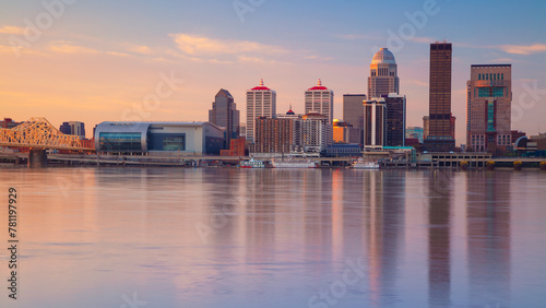 Louisville  Kentucky  USA. Cityscape image of Louisville  Kentucky  USA downtown skyline with reflection of the city the Ohio River at spring sunrise.