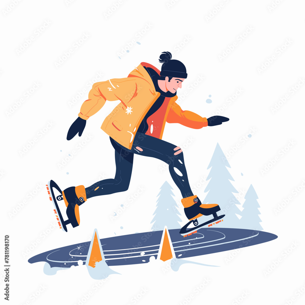 A man in a yellow jacket is skating on ice. He is wearing a hat and gloves. The scene is set in a snowy environment A man in a yellow jacket is skating on ice. He is wearing a hat and gloves. The scene is set in a snowy environment