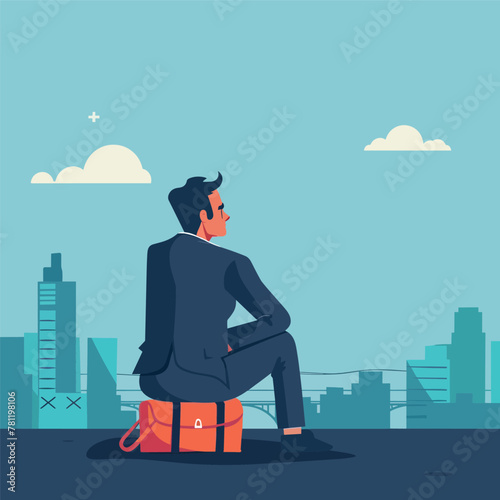 A man in a suit sits on a bench with a briefcase in front of him. He looks out over the city, possibly contemplating his next move or reflecting on his day. Concept of contemplation and focus