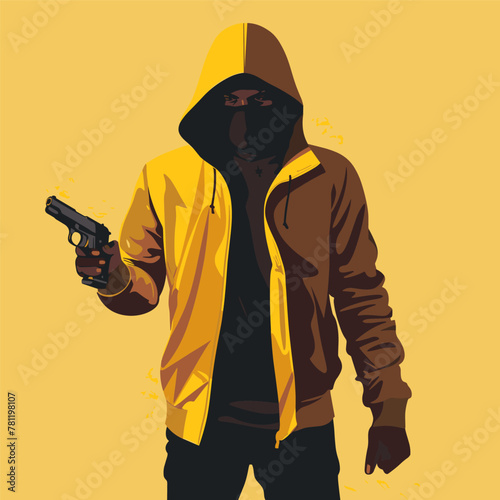 A crime man in a yellow hoodie holding a gun. Scene is dark and ominous