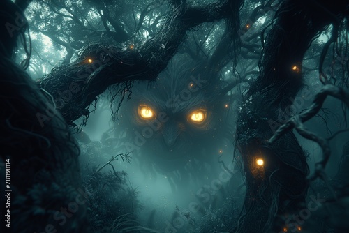 Sinister gaze emanates from the misty woods, AI-generated. photo