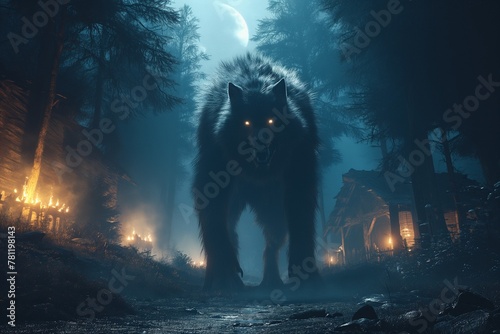 Mystical werewolf strolling nocturnal forest path amidst blazing inferno, AI-generated. photo