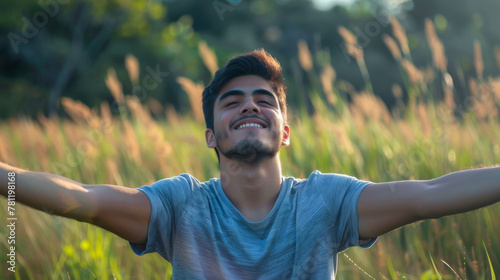 Portrait of a free happy latin american man with open arms enjoying life in meadows and nature background , young joyful latino male with good mental health © Keitma