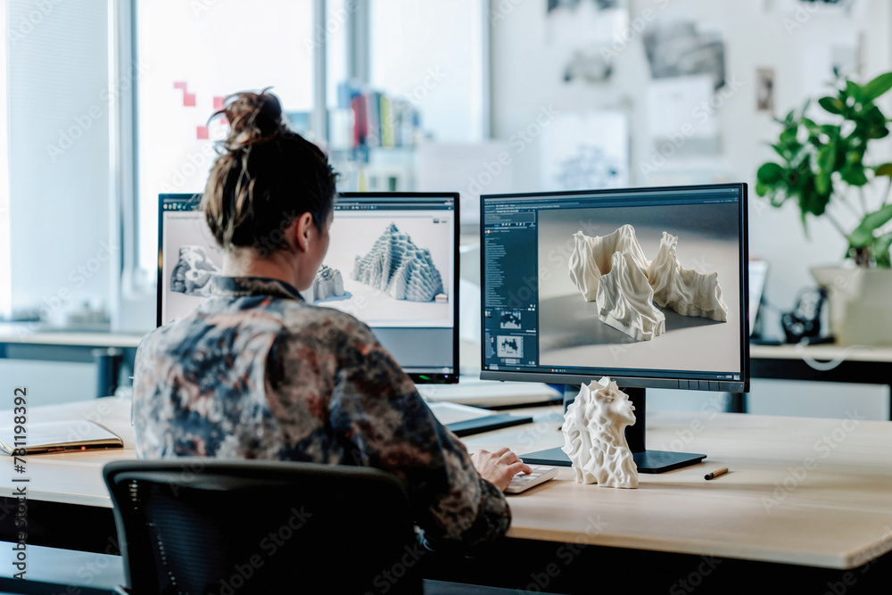 3D artist female crafting digital sculptures in computer. Generative AI ...