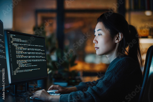 Asian programmer female coding on computer in her dark office room. Generative AI photo