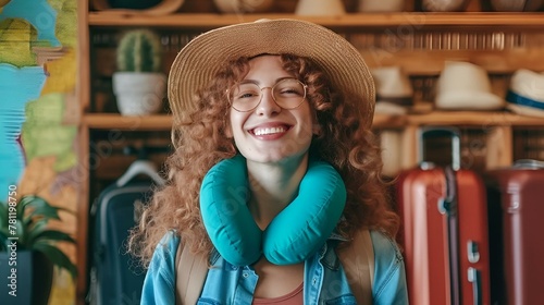 AI-generated illustration of a happy young woman with a neck pillow ready for her travels