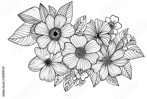 Doodle coloring page with abstract flowers and leaves for adults and children