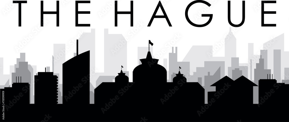 Fototapeta premium Black cityscape skyline panorama with gray misty city buildings background of THE HAGUE, NETHERLANDS