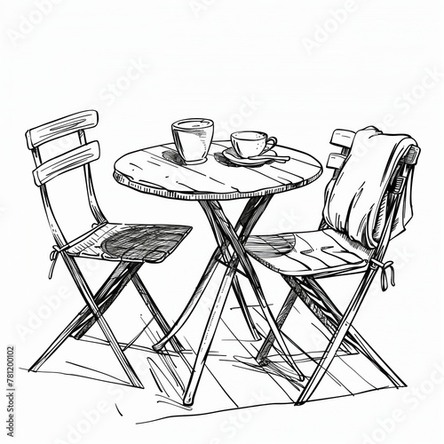 Chairs and table in hand drawn, handwritten style on white background
