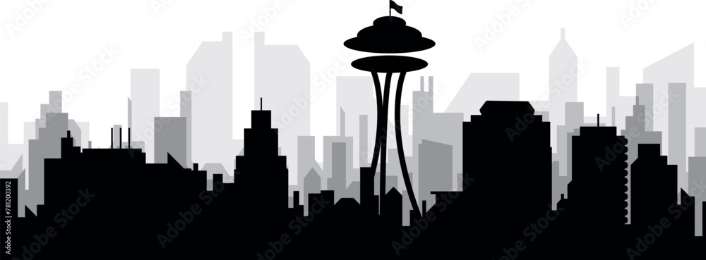 Black cityscape skyline panorama with gray misty city buildings background of SEATTLE, UNITED STATES