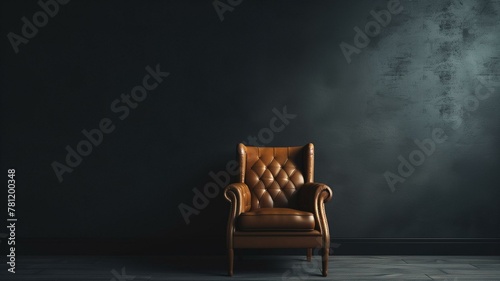A sophisticated living room adorned with a luxurious leather armchair, set against an empty dark wall background that exudes understated elegance.

 photo