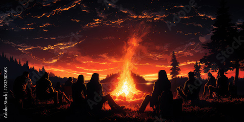 Walpurgis Night. Silhouettes of people around a large fire. Illustration