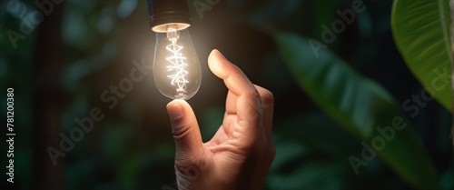 Hand holding light bulb against nature on leaf with energy source photo