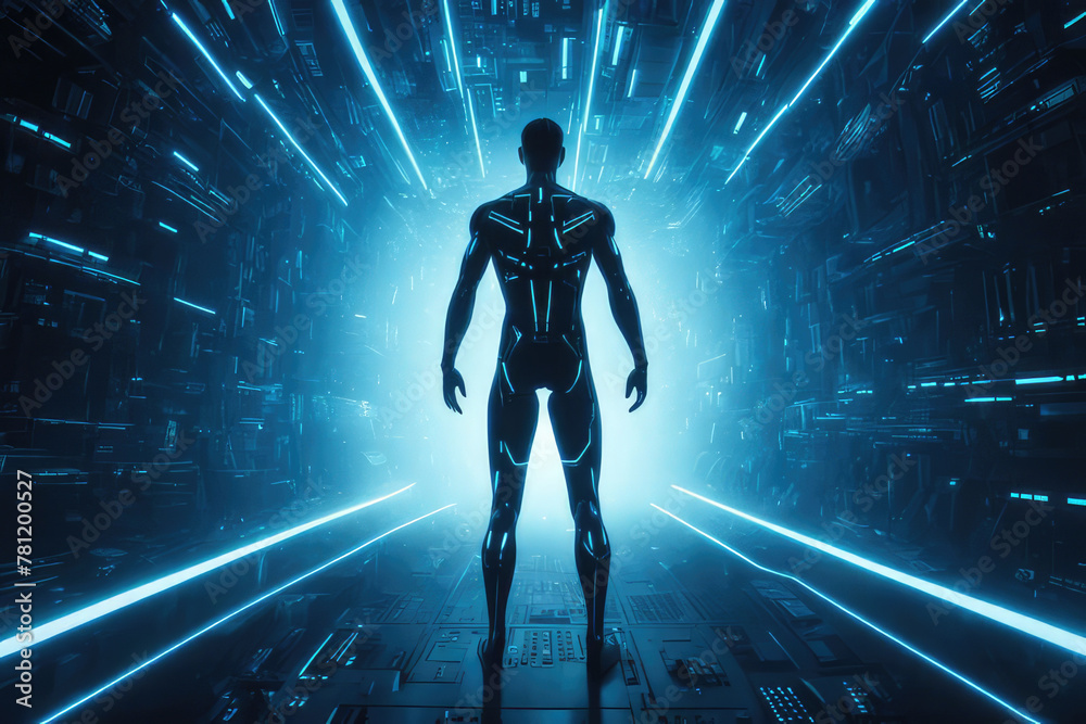 Wide angle of digital human figure standing in dark abstract cyber space with bright blue light shining on his body. 3d animation for artificial technology background

