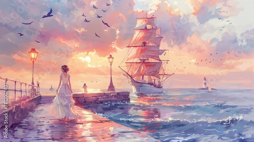 An evocative scene of a woman bidding farewell to a ship at dusk, under a sky ablaze with colors.