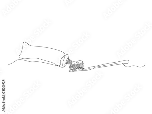 abstract toothbrush and toothpaste, continuous single line art hand drawing sketch