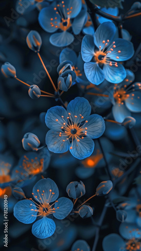 A close up of blue flowers with orange highlights