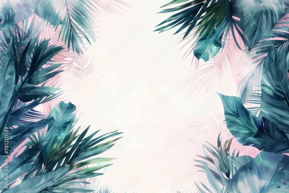 Watercolor illustration of a frame from tropical leaves with a white copy space on a center. AI generated