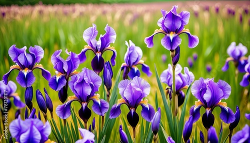 A lush field of purple iris flowers with striking patterns and yellow accents vibrant against a soft-focus background. AI Generation