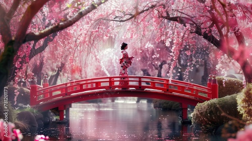 A woman is walking across a red bridge over a river