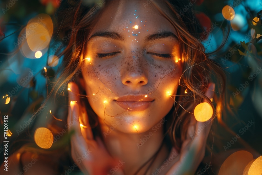 Mysterious portrait of a woman with lights casting a festive bokeh effect on her face, reflecting joy Mysterious portrait of a woman with lights casting a festive bokeh effect on her face, reflecting joy