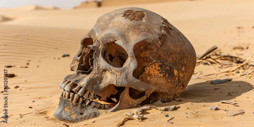 A human skull lies abandoned in the vast desert landscape, hinting at a mysterious past A human skull lies abandoned in the vast desert landscape, hinting at a mysterious past