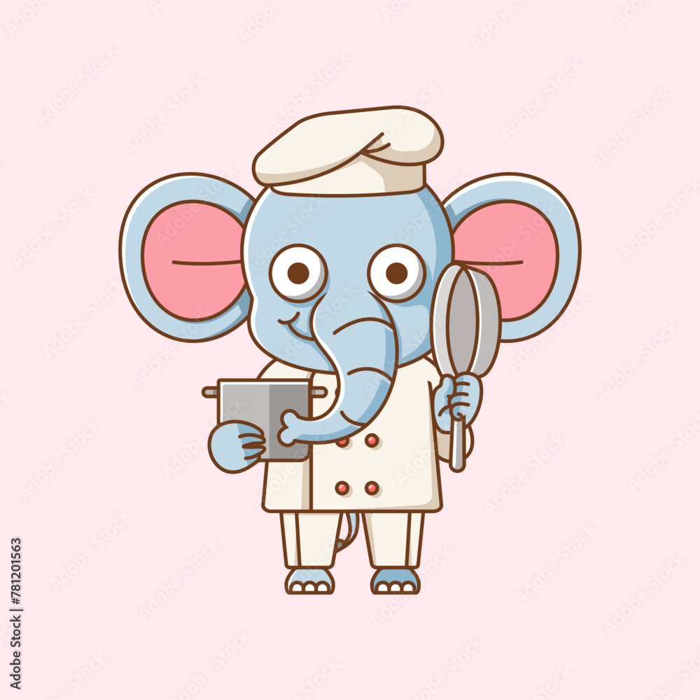 Cute elephant chef cook serve food animal chibi character mascot icon flat line art style illustration concept cartoon Cute elephant chef cook serve food animal chibi character mascot icon flat line art style illustration concept cartoon