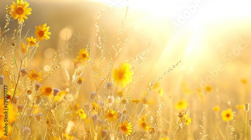 A field filled with yellow flowers illuminated by the sun in the background